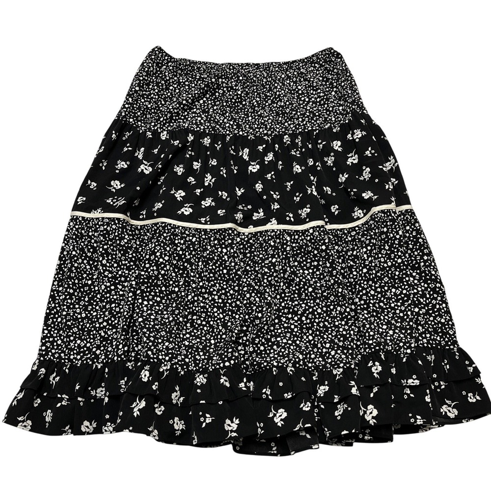 Sweet Baby Jamie Skirt Womens XL‎ Black Floral Tiered Pull On Midi Boho Hippie